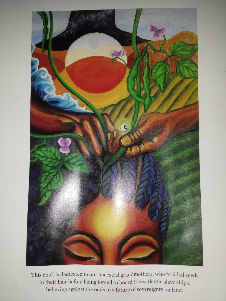 As is the African tradition in moments of great uncertainty.This painting depicts the braiding of Seeds into one's hair. With fields and the Sun in the background