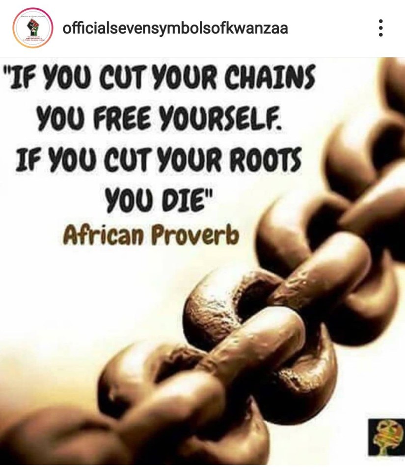 A screen capture of a social media post. The post features an image of a chain, and the African Proverb, "If you cut your chains you free yourself. If you cut your roots you die."