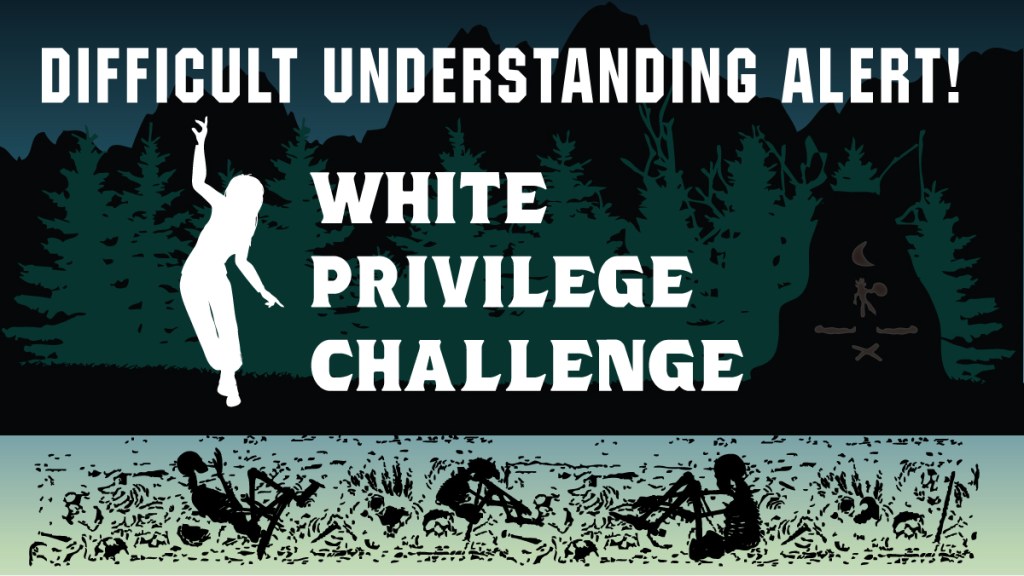 A forest background overlayed with White privilege challenge. the bottom of the image is lined with skeletons