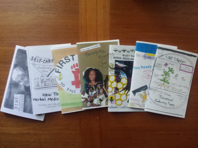 Seven zines are laid out and overlapping on a wooden table. They are all about a different topic, ranging from the history of Diné survivors, to information on plants and seeds.