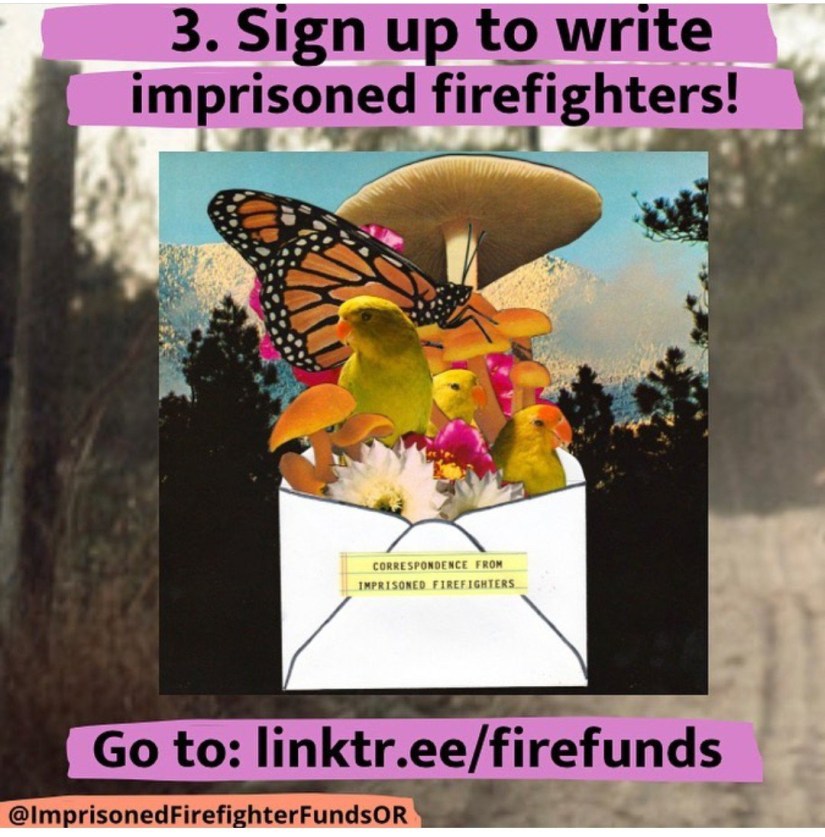 An envelop bursts open with yellow birds, flowers, mushrooms and an orange Butterfly. Write to incarcerated firefighters at linktr.ee/firefunds