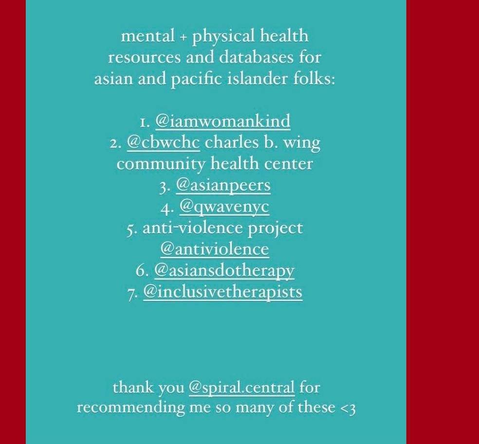 list of mental + physical health resources for asian folks from @spiral.central