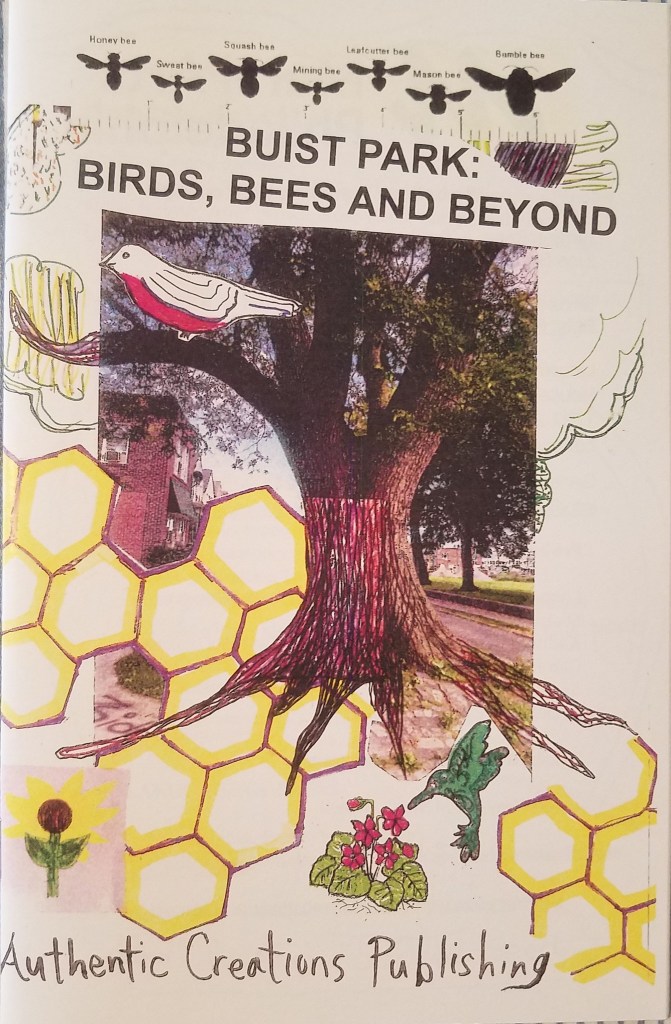 Buist Park Pollinator zine made for Mural Arts. cover has a tree surrounded by honeycomb