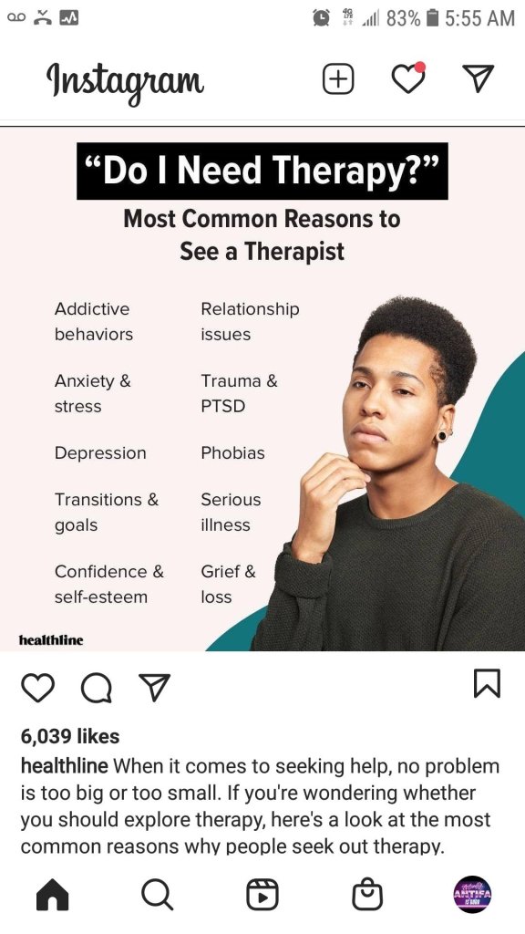Common Reasons to seek out therapy listed on a pink background next to Afro being. Depressions, behaviours, mood, stress, trauma 