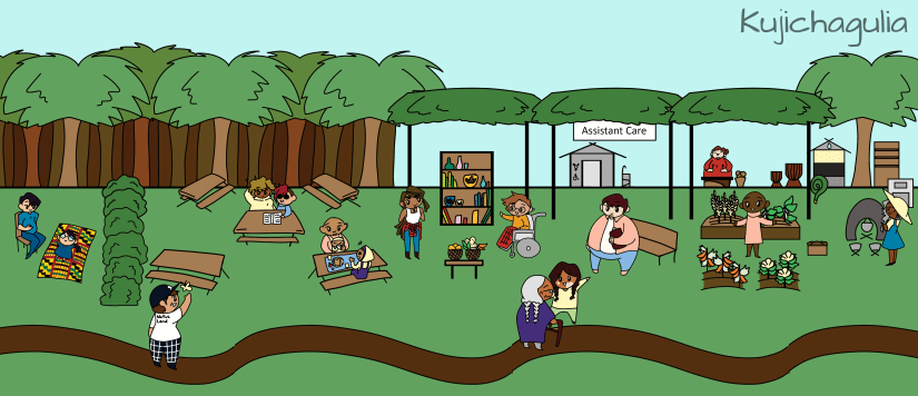 illustration by Luna Nguyen shows our community in the kitchen, offering care, at the market, in the streets and in rest!