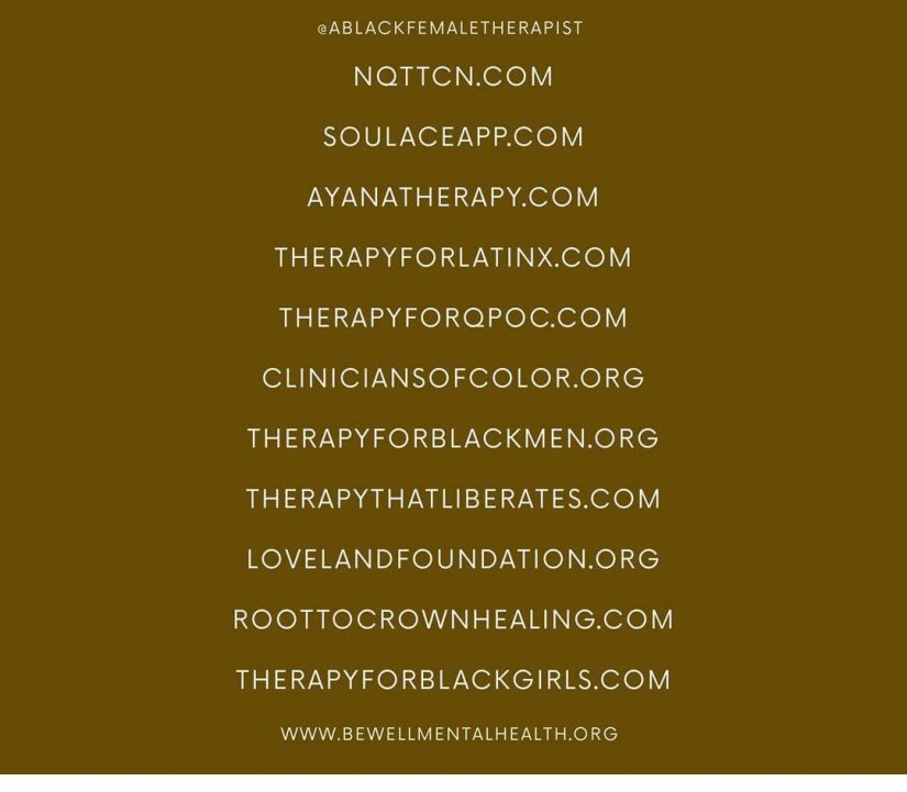 list of websites for therapists on brown gold background from bewellmentalhealth.org 