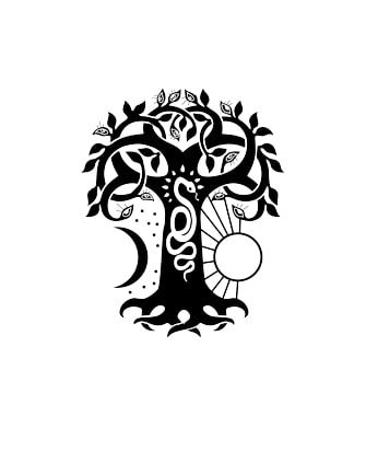 A Large Tree with strong roots, eyes peering out from the leaves. Flanked by a shining Sun and crescent Moon. The Tree has a Snake down the trunk. black and white image