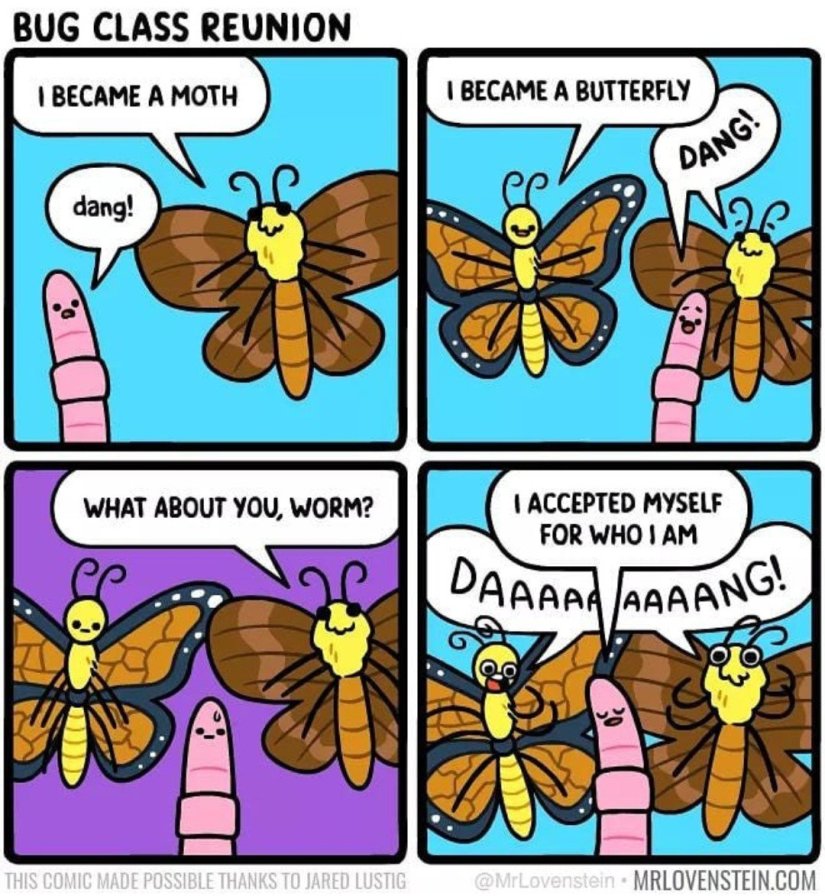 A comic of a Moth, Butterfly and Worm at a Bug Reunion accepting themselves