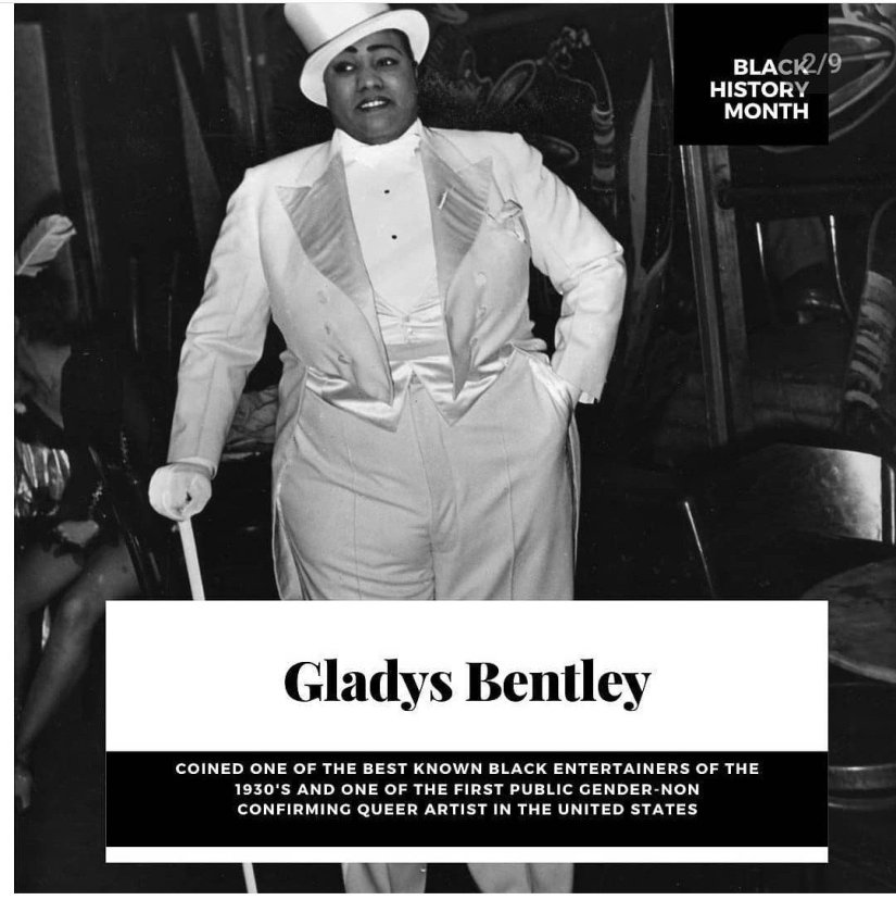 Gladys Bentley the first publicly open Afro Entertainer in the 1930's wears a white suit and top hat with cane