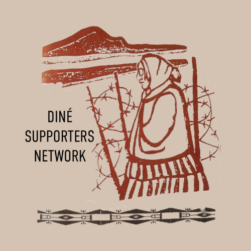 Diné Supporters Network sticker features Roberta strolling on her homeland by a barbed wire fence with mountains in the distance.
