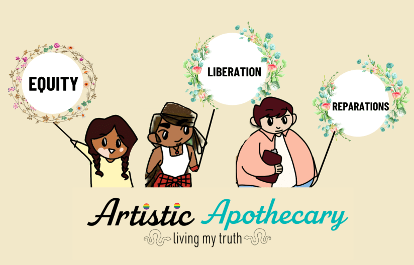 Three community members each hold a flower ballon for Equity, Liberation and Reparations