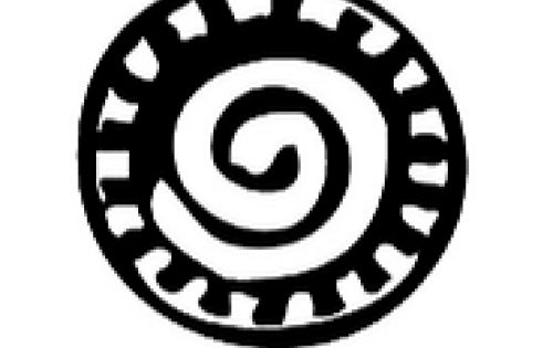 Ghanaian adinkra symbol representing the Sun has a spiral in the center with an outter black and white checker pattern of rays.