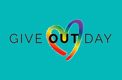 Teal background with a rainbow heart in the center. The words GIVE OUT DAY are in the foreground.