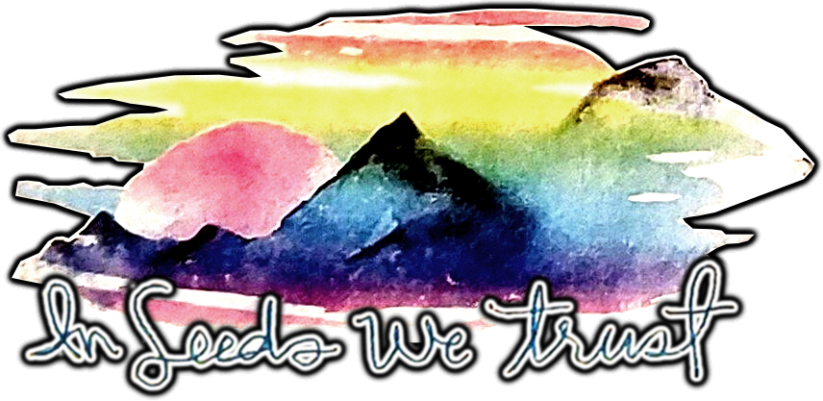 A multi colour mountain view at Sunrise with the words below In Seeds We Trust