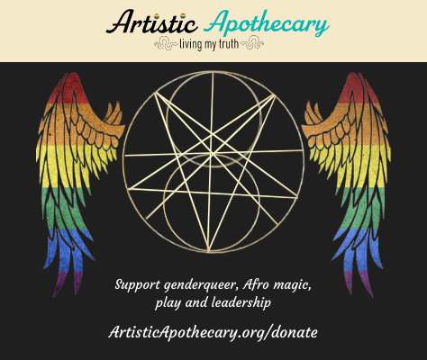 A majikal sigil flanked by rainbow wings is the image on our fundraising flyer