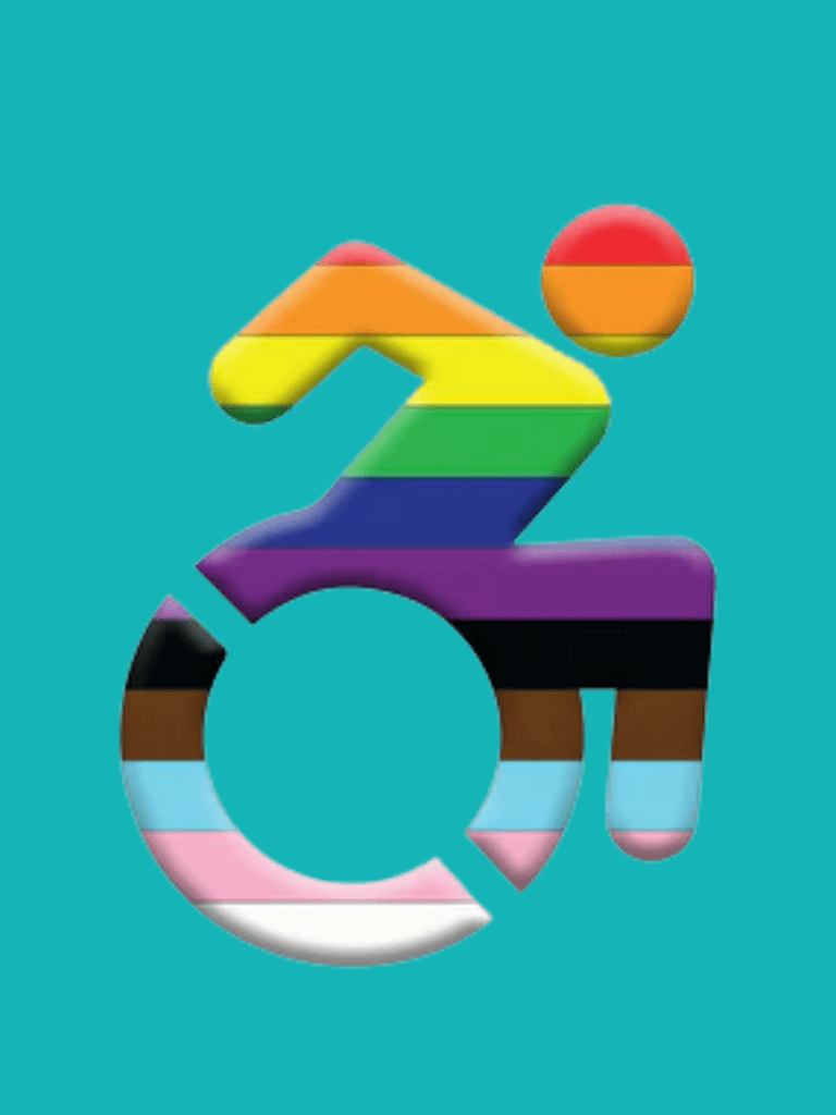 on teal background a queer wearing trans rainbow colors propels forward in their wheelchair
