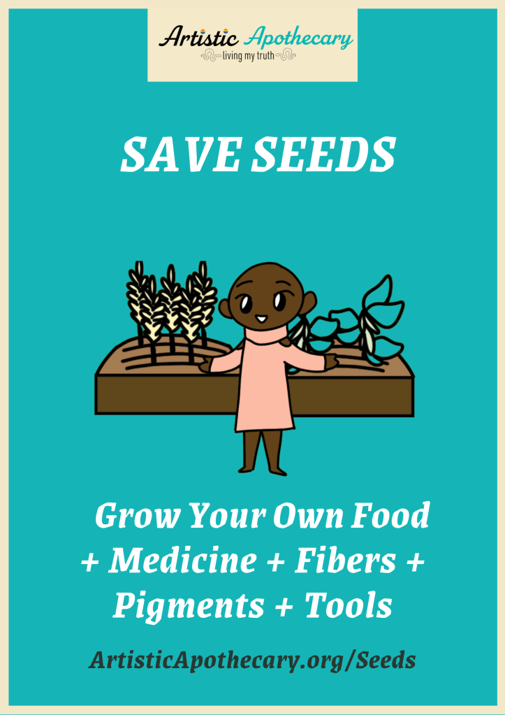 Save Seeds. Grow your own food, medicine, fibers, pigments and tools. brown being in a pink dress arms wide in from of a raised garden bed
