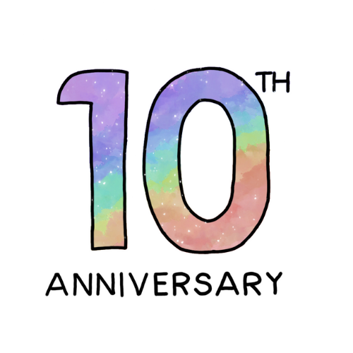 10th anniversary. The 10 is in bubble letter font. Filled with rainbow pastel.