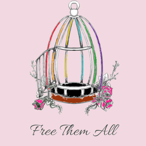 A cage is wide open and empty. Flowers wrap around the bars. Free Them All.