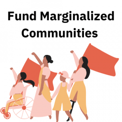 Four Middle Eastern folks march together in solidarity. Two use mobility aides, and the two wave red flags. Above are the words, "Fund Marginalized Communities."