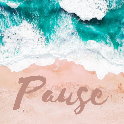 The teal Ocean rolls towards the peach sand shore towards the word Pause