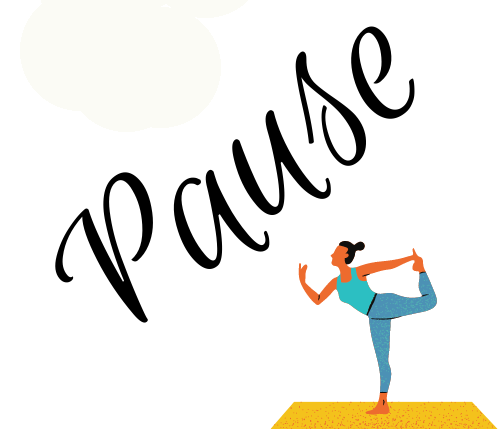 the word Pause, A person with a hair bun and blue clothes, stretches. One leg is up and bent back, held by one hand. 