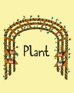 A tall wooden trellis is lush with vines. 