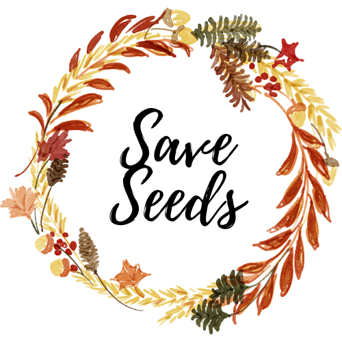 A yellow and red leaf wreath with pine needles circles SAVE SEEDS