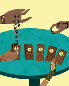 Share. Four brown community hands share Seeds on a teal table top. 