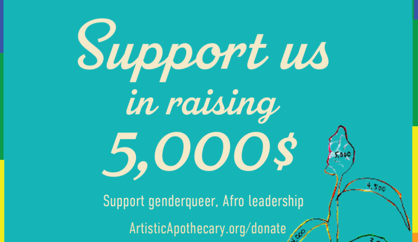 A teal background with the words, "Support us in raising 5,000$. Support genderqueer Afro leadership" in cream curly font. There is a plant with each goal milestone on the leaves, with the bud being the final goal.