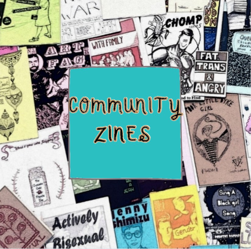 community zines in black in teal box in center. Background is 20 zines over layed. zines range in topic.