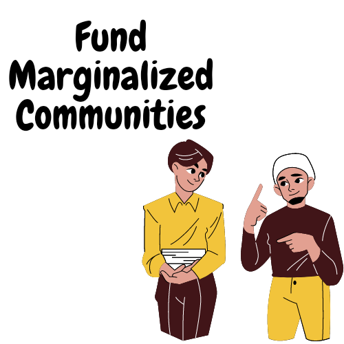 Fund Marginalized Communities in black above two people wearing brown and yellow, using Sign Language to communicate.