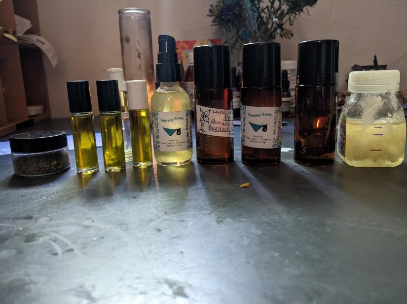 A line of herbal medicine mainly ointments on a table