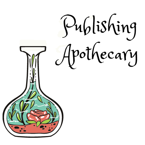 Glass jar with long skinny neck holds dirt, a red rose flowering, and a leafy plant in teal periwinkle water. Publishing Apothecary in dancing font overhead. 