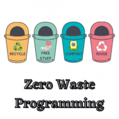 4 cans with flap opening lids are in a row. Yellow, periwinkle, teal, pink. Each can is a stage of our Zero Waste System of programming.