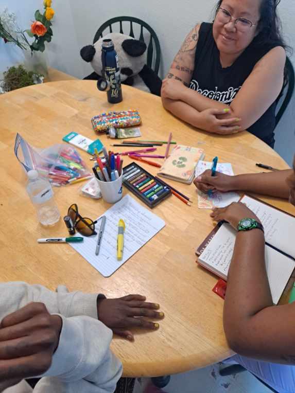 At the Leadership Summit we gather around a tan wooden table. An aerial view of hands and one torso with head