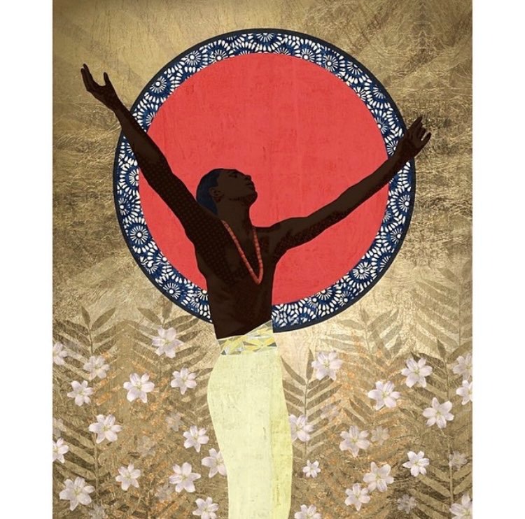Brown person with red beaded necklace and yellow pants raising their arms in front of a large red Sun and standing amongst leaves and white flowers Image by Mariona Loreta titled “When the Orisa call” 2015, Mixed Media
