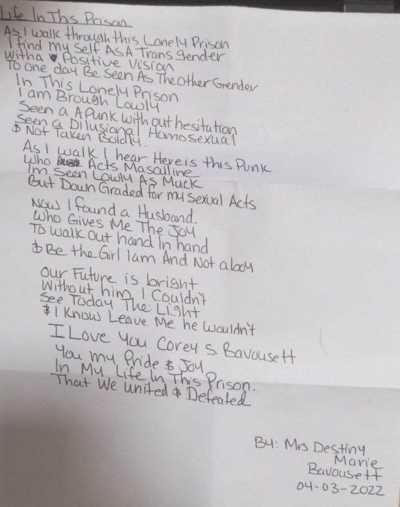 Handwritted Poem called Life in This Prison written with a softly rounded and elegant print-style. Entire transcript of poem is included in post content to the right.