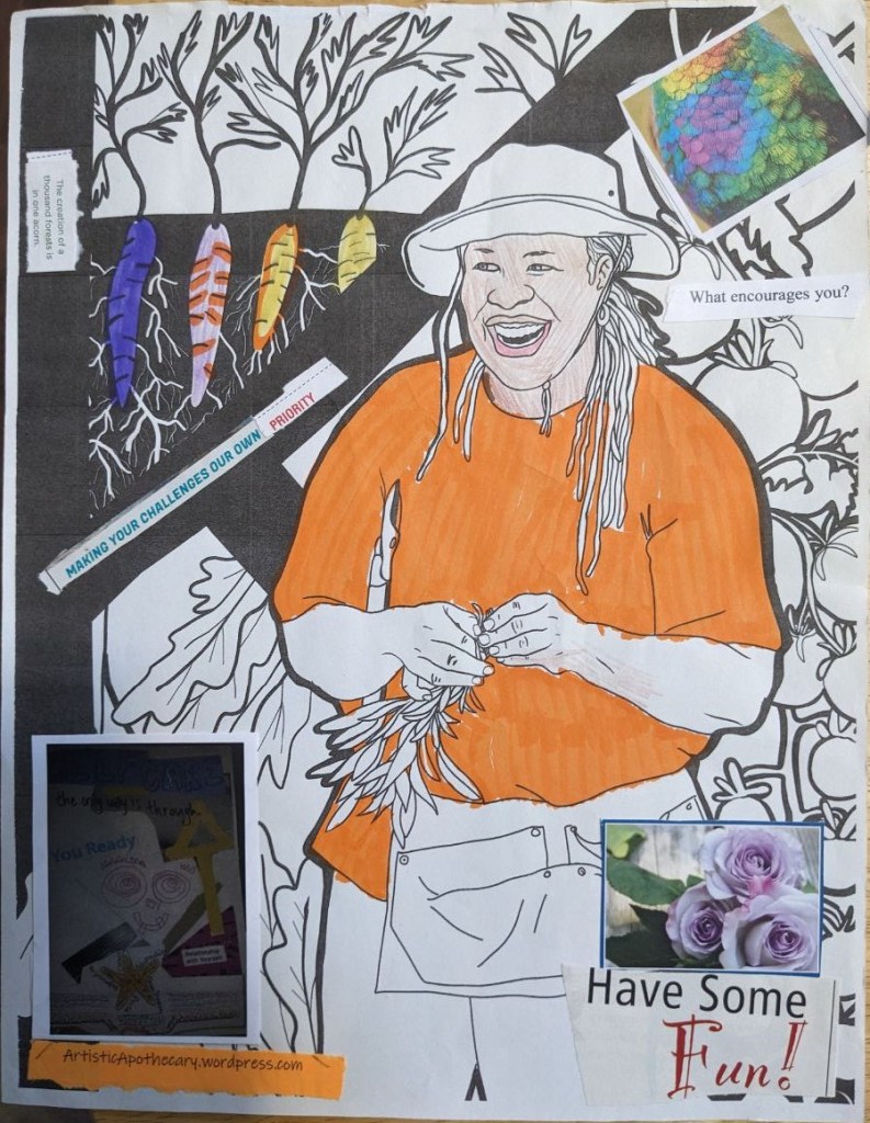 Brown person with dreads, an orange shirt, and a hat, laughing and holding leafy plant. In the background are tomatoes and colourful carrots and feathers. There are pink-purple roses in front. Words read "The creation of a thousand forests are in one acorn; Making your challenges our own priority; Have some fun!"