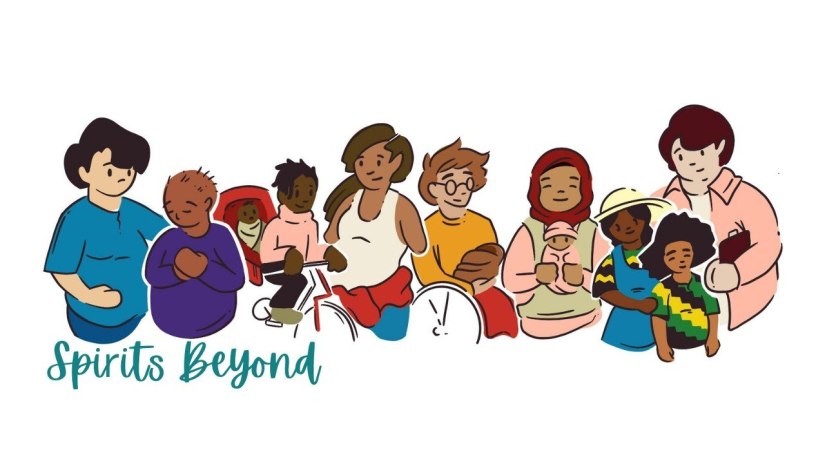 Spirits Beyond in teal below 12 Community members in different stages of growing their families.