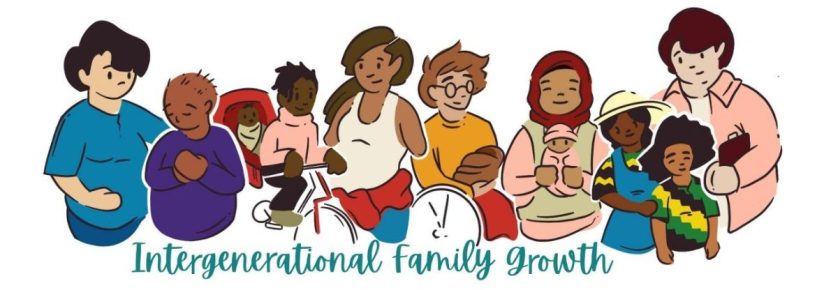 Intergenerational Family Growth in teal below 12 Community members in different stages of growing their families.