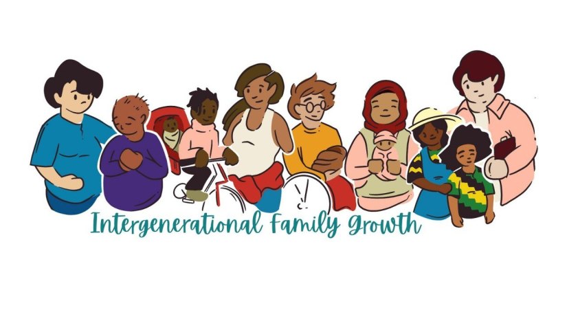 Intergenerational Family Growth in teal below 12 Community members in different stages of growing their families.