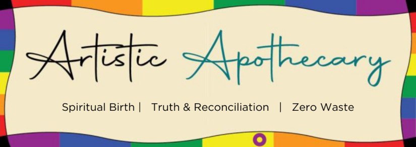 LOGO. rainbow/intersex boarder. Cursive black and teal words Artistic Apothecary on a pear background