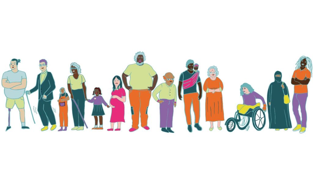 13 folks of an inter-generational community pose in bright clothes with varying skin tones.