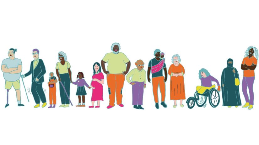 13 folks of an intergenrational community pose in bright clothes with varying skin tones.