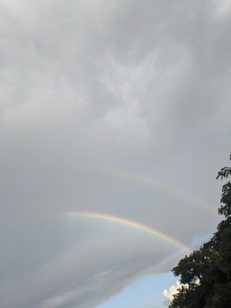 Amongst a cloudy grey sky are the outlines of two rainbow arches. The bottom rainbow is clear and brightly colored and the doubled rainbow above is faded but still colorful.