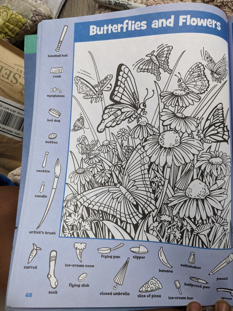 A coloring page of butterflies and flowers. On the edge of the page are other labeled images to find within the main coloring page.