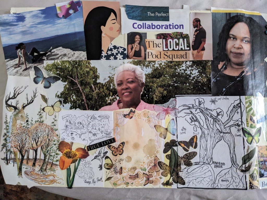 A collage of people and nature, with words like "true love" and "the perfect / collaboration / the local pod squad"