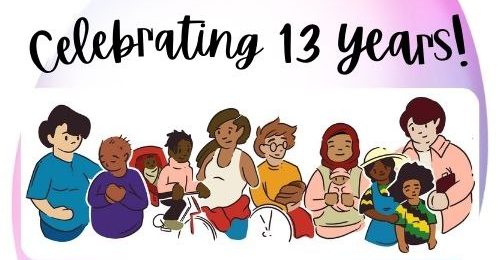 Above a row of inter-generational folks of different skin tones says "celebrating 13 years!" Behind the words and images is a multi-coloured sphere.