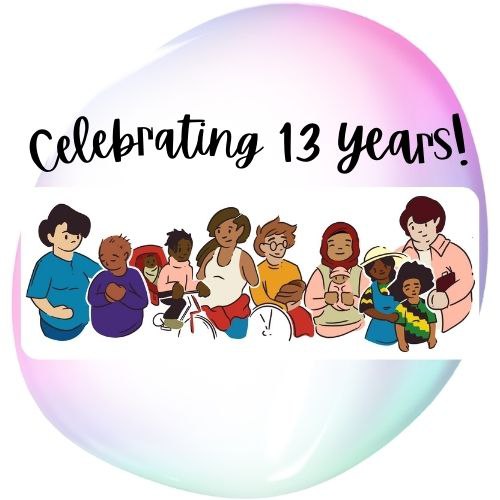 Above a row of intergenerational folks of different skin tones says "celebrating 13 years!" Behind the words and images is a multi-colored sphere.
